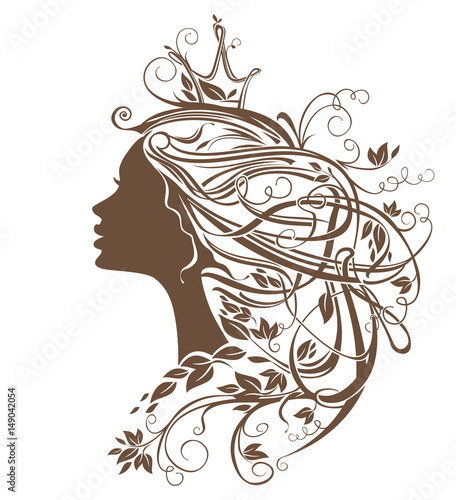 Princess Hairstyle. Girl with leafy hair vector silhouette illustration.