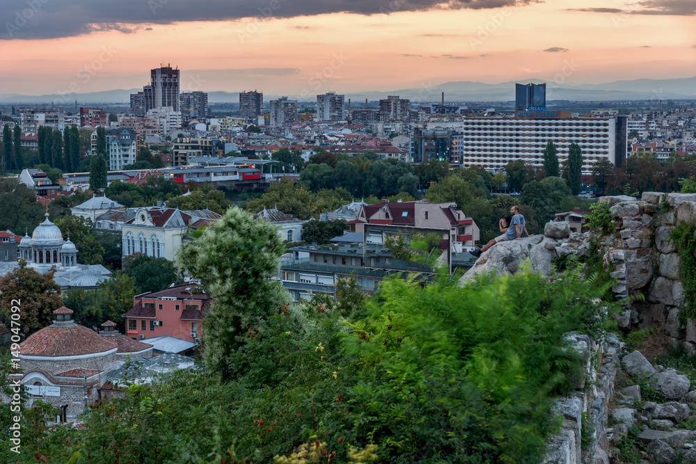 PLOVDIV, BULGARIA - SEPTEMBER 2 2016:  Sunset view of city of Plovdiv from Nebet tepe hill, Bulgaria