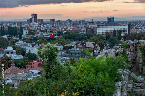 PLOVDIV, BULGARIA - SEPTEMBER 2 2016: Sunset view of city of Plovdiv from Nebet tepe hill, Bulgaria