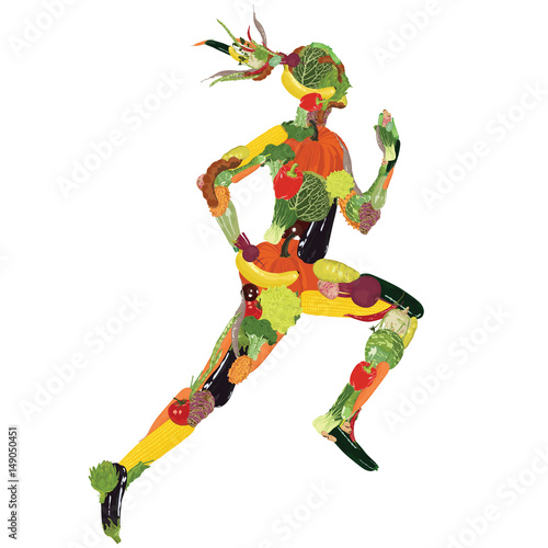 Silhouette of an active man from fruits and vegetables.