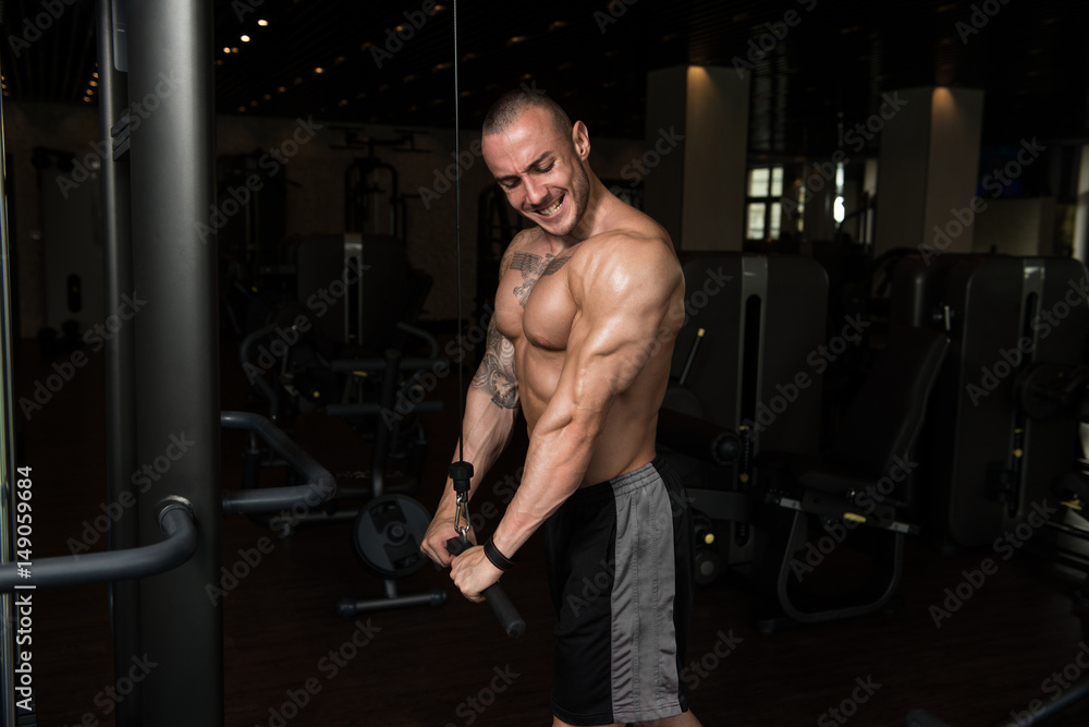 Young Man Exercising Triceps In The Gym Young Man Exercising Triceps In The Gym