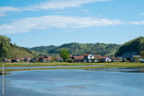 日本の田舎の水田のある風景