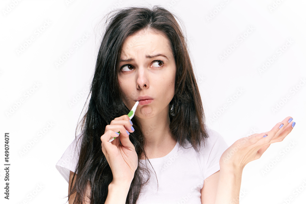 the woman put her toothbrush in her mouth the woman put her toothbrush in her mouth