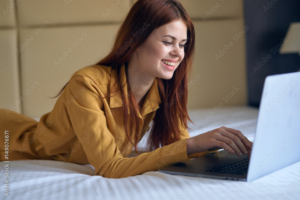 happy woman correspond in laptop happy woman correspond in laptop