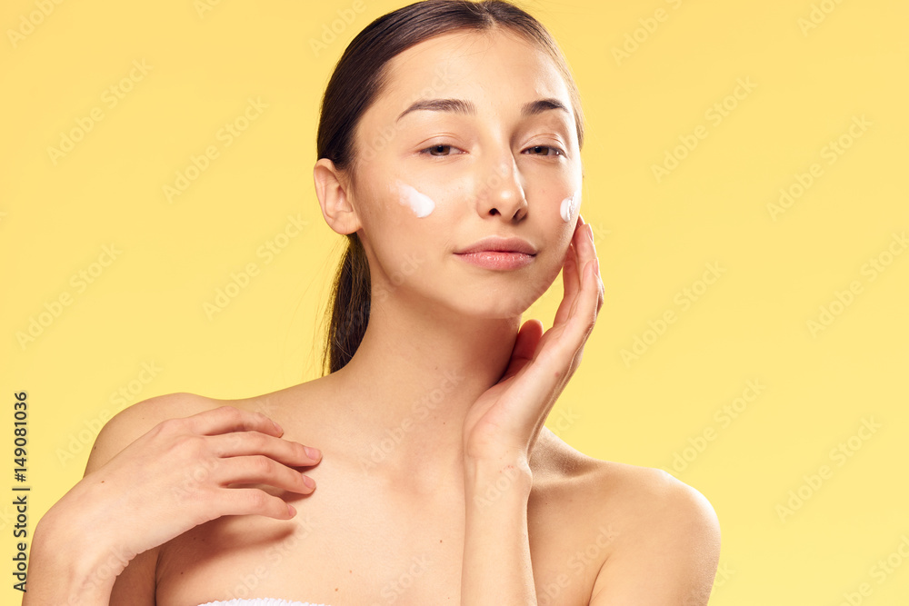 yellow background, cream, women yellow background, cream, women