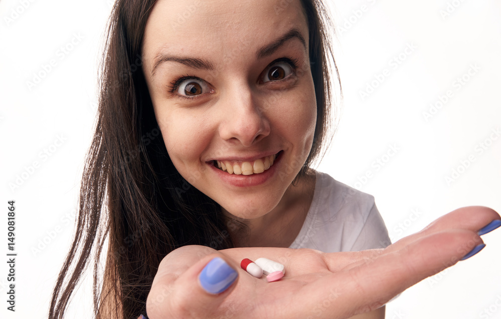 cheerful woman, emotions, dependence on tablets cheerful woman, emotions, dependence on tablets