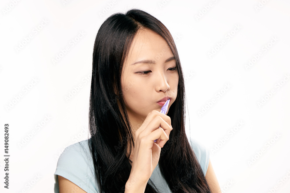 beautiful woman in a shirt, toothbrush, morning beautiful woman in a shirt, toothbrush, morning