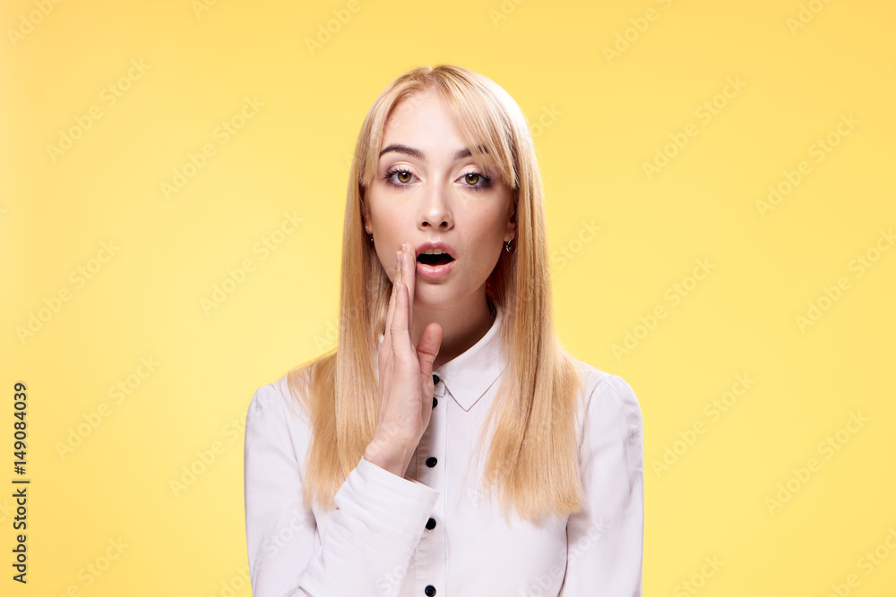 yellow background, woman, secret, talk in whisper yellow background, woman, secret, talk in whisper