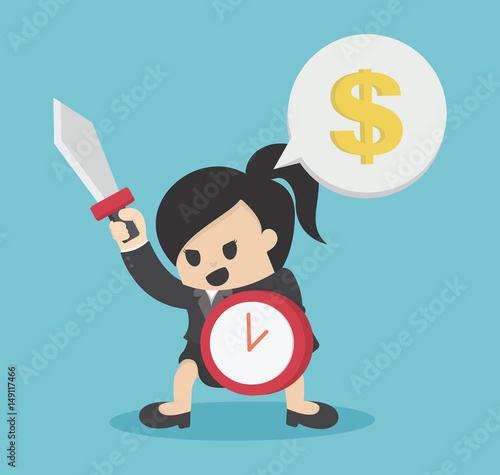 Business woman ready to fight Hold Shield of Time And Sword For success Business Concept Cartoon Illustration.