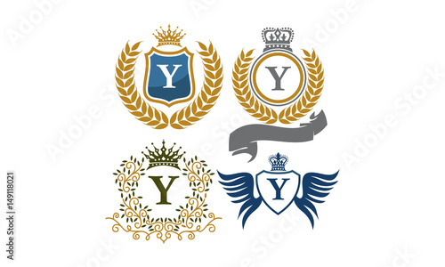 Crown Shield Leaves Ribbon Wings Letter Y