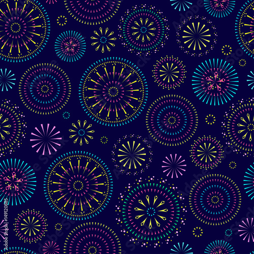 Pattern of circles-fireworks, bright circles on blue background.