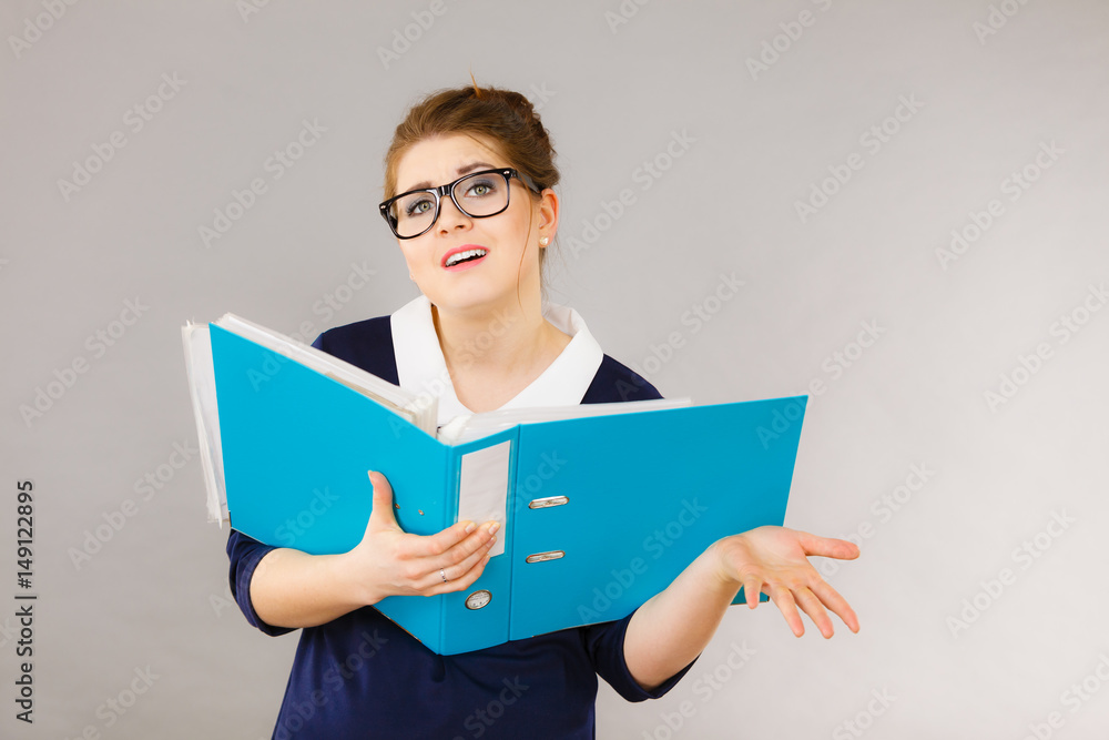 Confused business woman thinking about problem solution Confused business woman thinking about problem solution