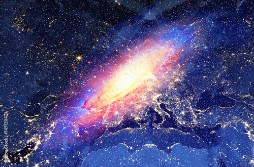 Cosmic galaxy and Earth city night lights, color cosmic abstract background.