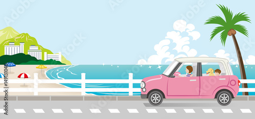 Summer drive in the Seaside street - Mother and son with dog
