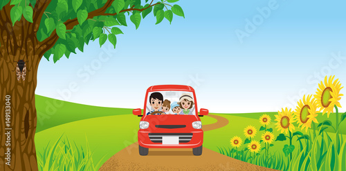 Family driving in Summer nature
