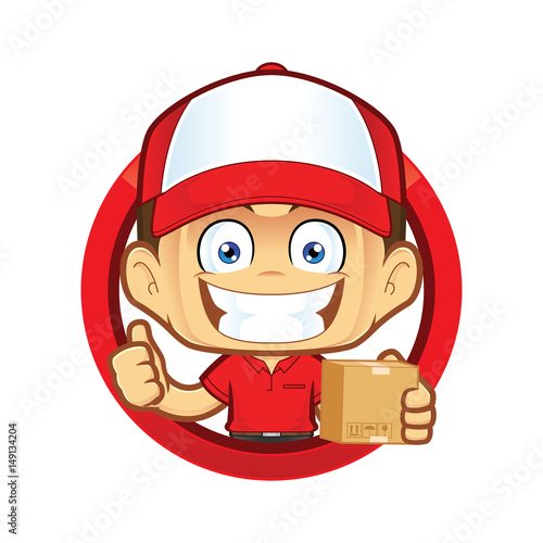 Delivery man courier holding a box and giving thumbs up in circle shape