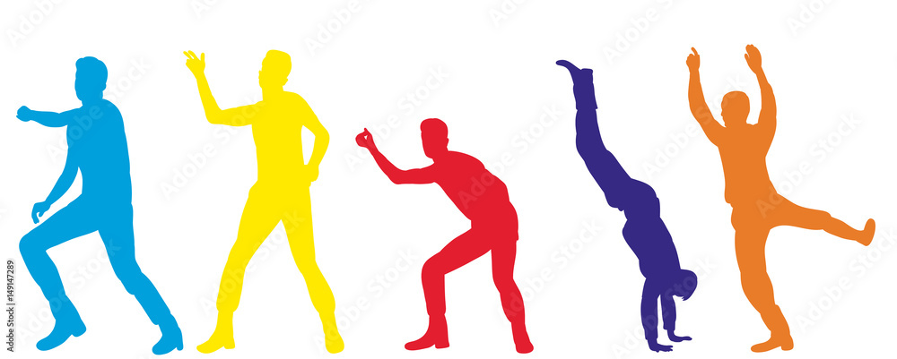 illustration of an isolated silhouette of people dancing a dance, multi-colored