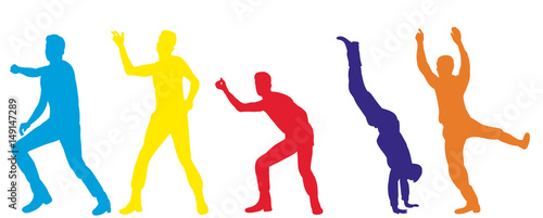 illustration of an isolated silhouette of people dancing a dance, multi-colored