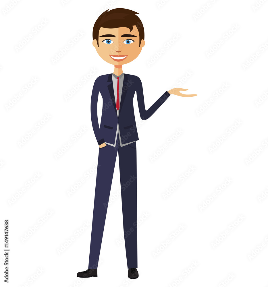 Businessman presents something flat cartoon illustration. Businessman presents something flat cartoon illustration.