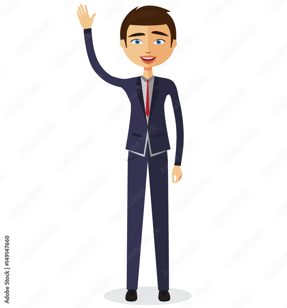 Cheerful young businessman waving her hand. Cheerful young businessman waving her hand.