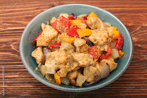 Chicken breast braised pear peppers and onions