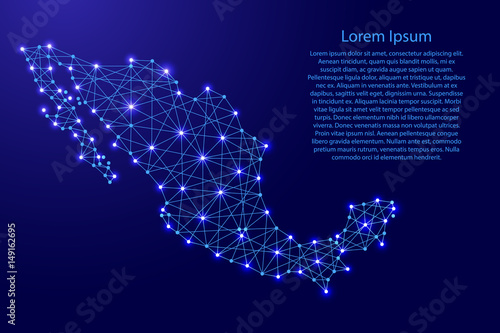 Map of Mexico from polygonal blue lines and glowing stars vector illustration