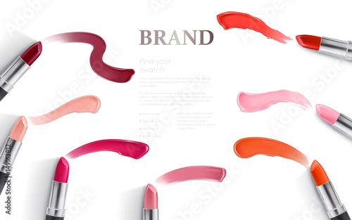 Vector illustration of a realistic style design of lipstick packing and lipstick smear samples. Excellent advertising poster for promoting of makeup premium product