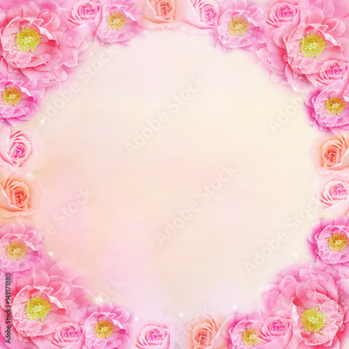Pink roses flower round frame with copy space for text. Idea for wedding invitation card, love, valentine or any special events background 