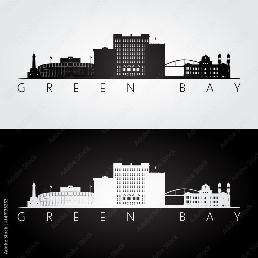 Green Bay USA skyline and landmarks silhouette, black and white design.