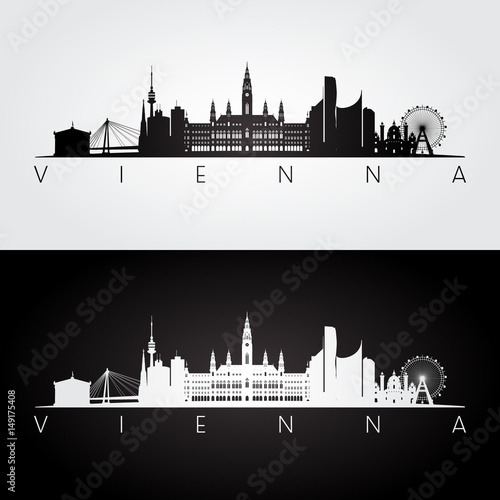 Vienna skyline and landmarks silhouette, black and white design, vector illustration.