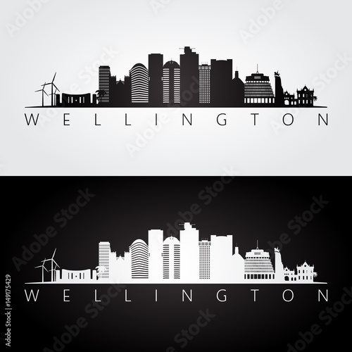 Wellington skyline and landmarks silhouette, black and white design.