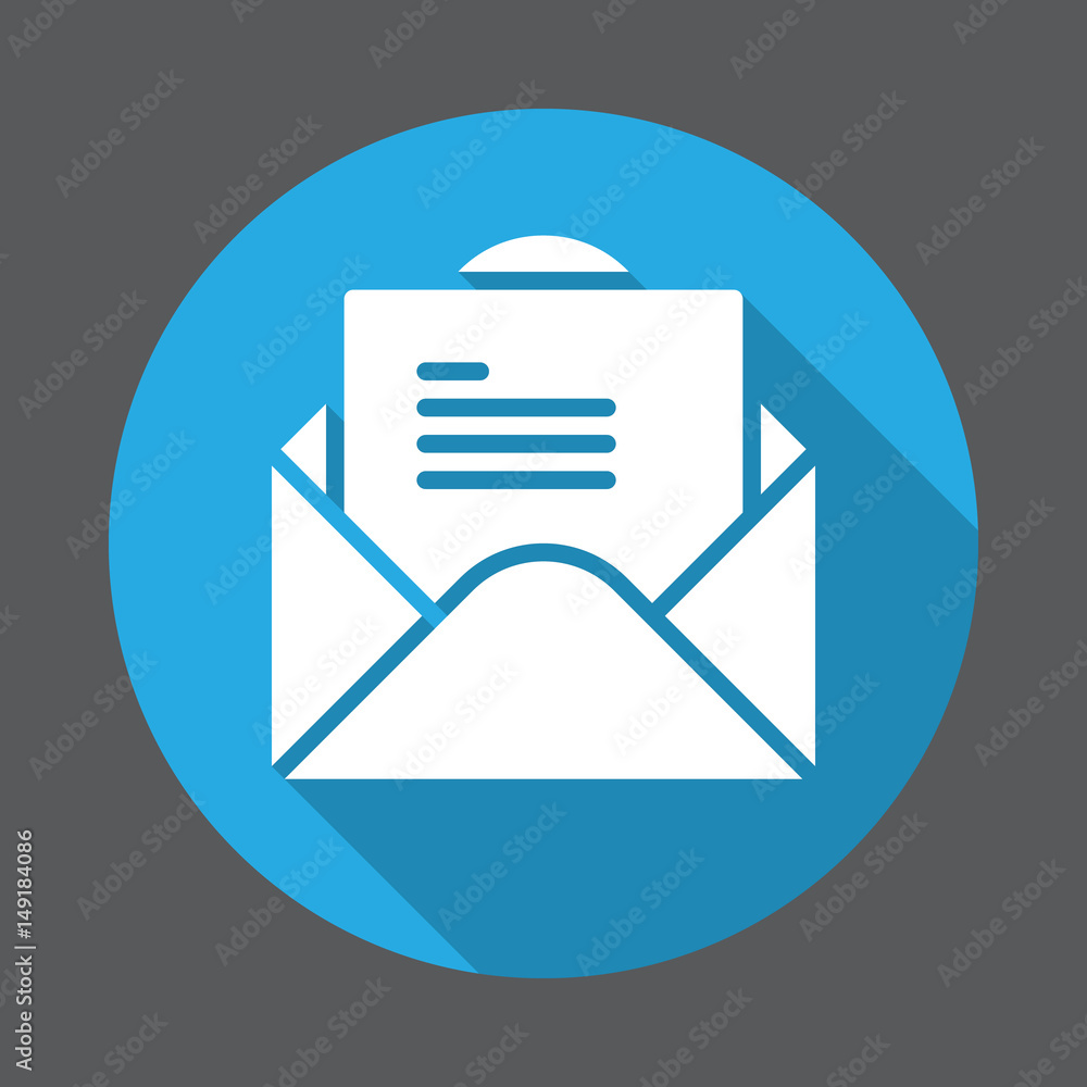 Envelope with letter flat icon. Round colorful button, circular vector sign with long shadow effect. Flat style design