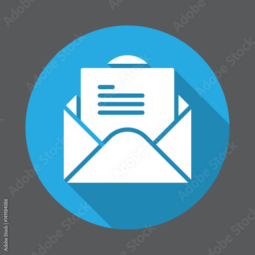 Envelope with letter flat icon. Round colorful button, circular vector sign with long shadow effect. Flat style design