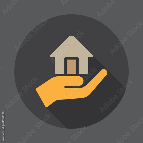 Hand holding up house flat icon. Round colorful button, circular vector sign with long shadow effect. Flat style design
