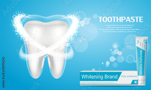 Whitening toothpaste ad. Big healthy tooth on blue background with aroma of mint toothpaste, and protection from caries. Concept of healthy teeth.