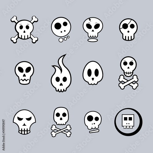 Black and White Skull Icon Set - vector illustration