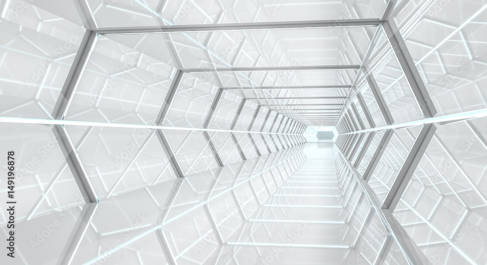 Naklejka premium Bright futuristic spaceship corridor 3D rendering