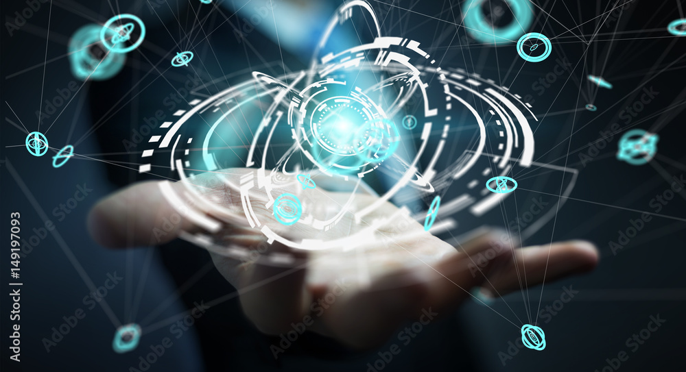 Businessman using flying network connection interface 3D rendering Businessman using flying network connection interface 3D rendering