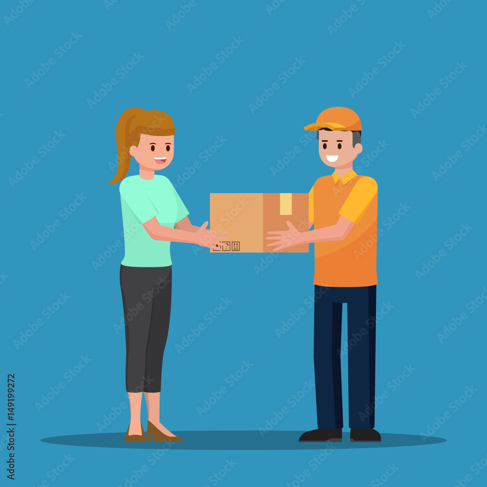 Obraz premium Delivery man handing a parcel to woman customer.