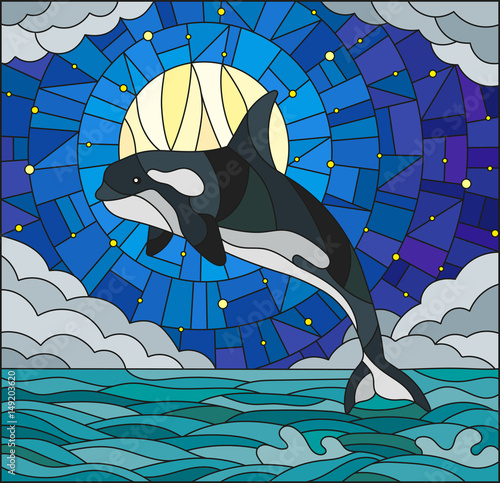 Illustration in stained glass style with a whale on the background of water ,cloud, starry sky and moon
