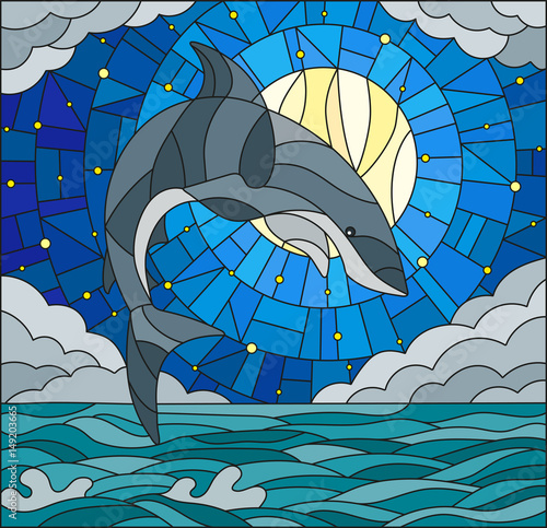 Illustration in stained glass style with a shark on the background of water ,cloud, starry sky and moon