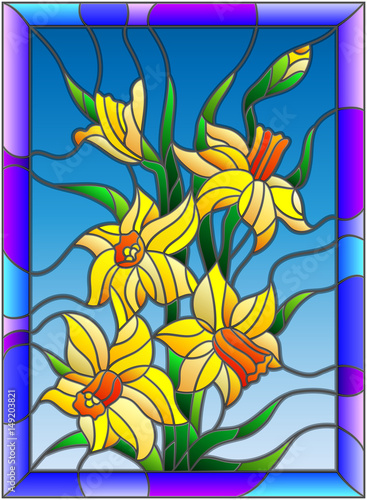 Fototapeta Naklejka Na Ścianę i Meble -  Illustration in stained glass style with daffodils on blue background in a bright blue frame 