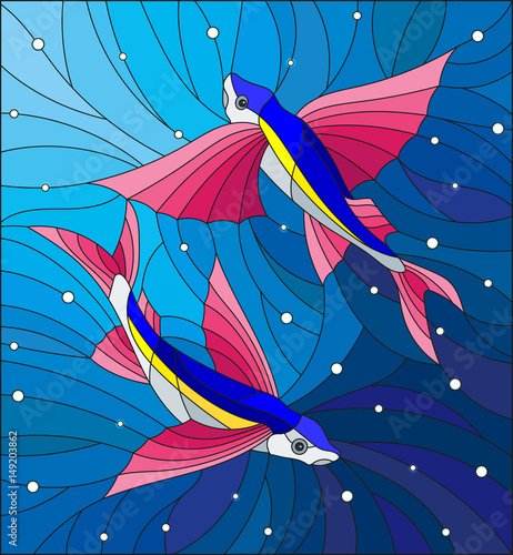 Illustration in the style of stained glass with two flying fishes manta rays on the background of water and air bubbles