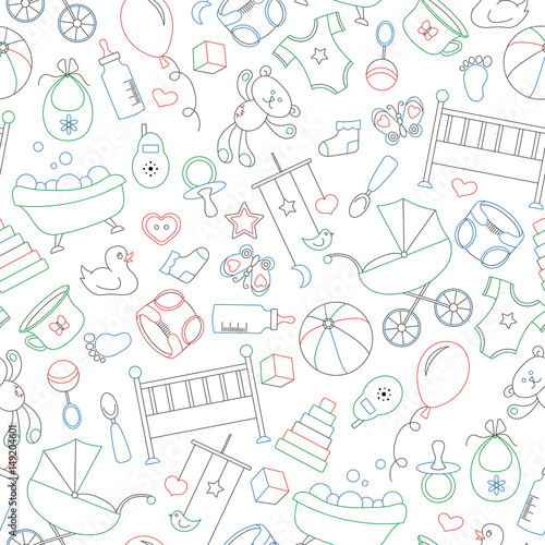 Seamless pattern on the theme of childhood and newborn babies, baby accessories and toys, simple contour icons, drawn with colored markers on white background