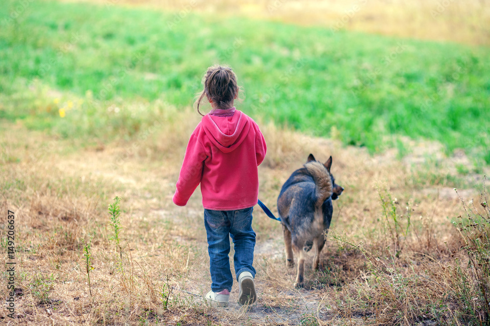 Happy little girl walking with dog in the field. Girl holding the dog's leash back to camera Happy little girl walking with dog in the field. Girl holding the dog's leash back to camera