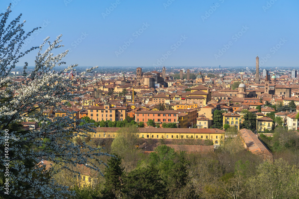 Spring cityscape with Asinelli tower and San Petronio Cathedral, Bologna, Italy
