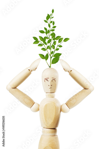 Man with growing from his head tree. Abstract image with a wooden puppet