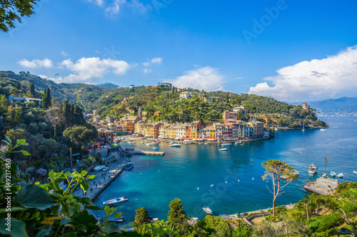 Fototapeta PORTOFINO, ITALY, APRIL 8, 2017 - Panoramic view of Portofino, an Italian fishing village, Genoa province, Italy