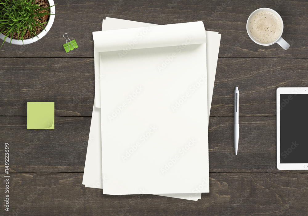 Fototapeta premium blank document with different items on a wooden board - business / plans / ideas