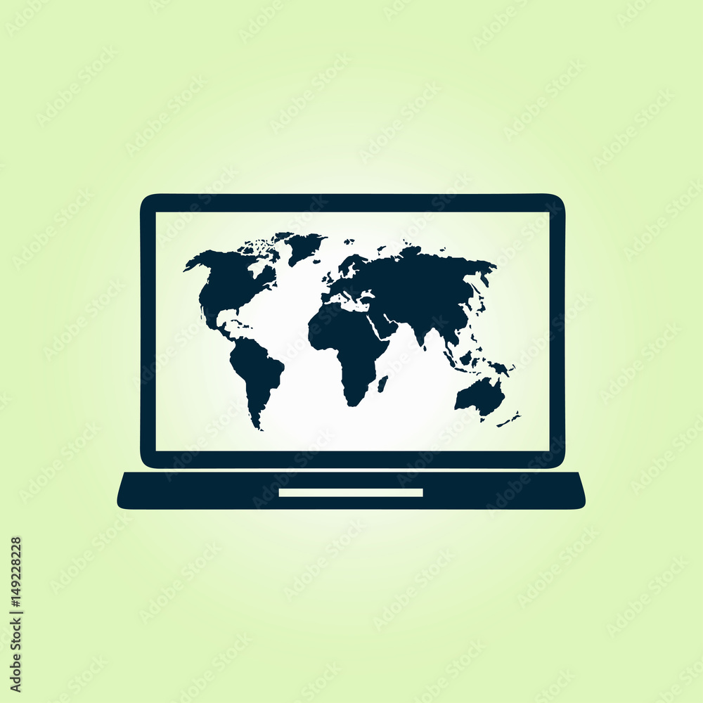 Laptop and world map illustration. World map geography symbol. Flat design style. Laptop and world map illustration. World map geography symbol. Flat design style.